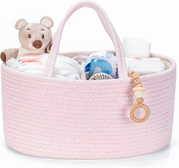Diaper Caddy Organizer, Empty Gift Basket for Newborn Essentials, Baby Storage Basket, Stylish Gift Bag for Baby Shower, Boys and Girls - Small, Light Pink
