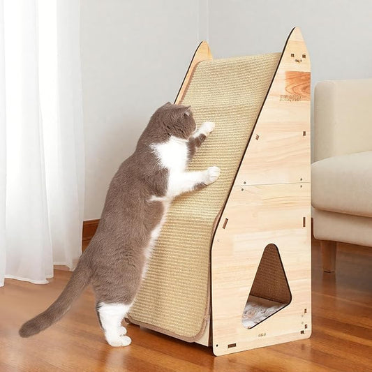 large Cat Scratching Post with Bed: Modern Sisal Cat Scratcher & Wood Frame, Integrated Cat Scratch Pad Post Condo Tunnel. All-in-One Space Saver for Multi-Cat & Budget-Friendly Homes (32in)