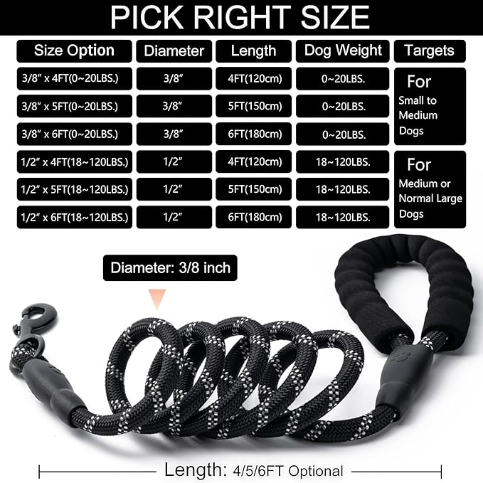 2 Pack Dog Leash, 4/5//6 FT Heavy Duty Nylon Rope Pet Leashes with Comfortable Padded Handle, Reflective Dog Leashes for Small Medium and Large Dogs (4FT-3/8,Black/Green)