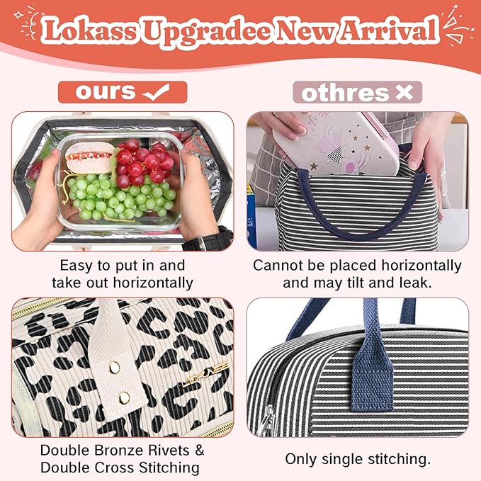 Lunch Bag Women Insulated Lunch Box Wide-Open Lunch Tote Bag Large Drinks Holder Durable Nylon Thermal Snacks Organizer for Men Adults Work Picnic Hiking Beach Fishing, Black Panther Corduroy