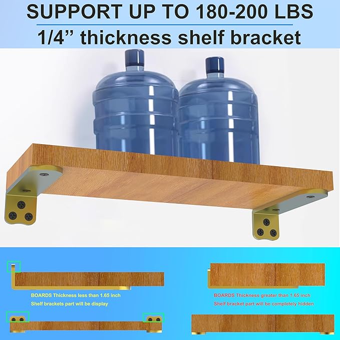 Eurydice Heavy Duty Floating Shelf Brackets, 1/4 inch Thick L Bracket, (10 in 6 Pack Gold), Holds 200 lb, Rounded Arc Edge, One-Piece, 3 Hole Mounting for Wood Shelves in Kitchen, Garage, Office, DIY