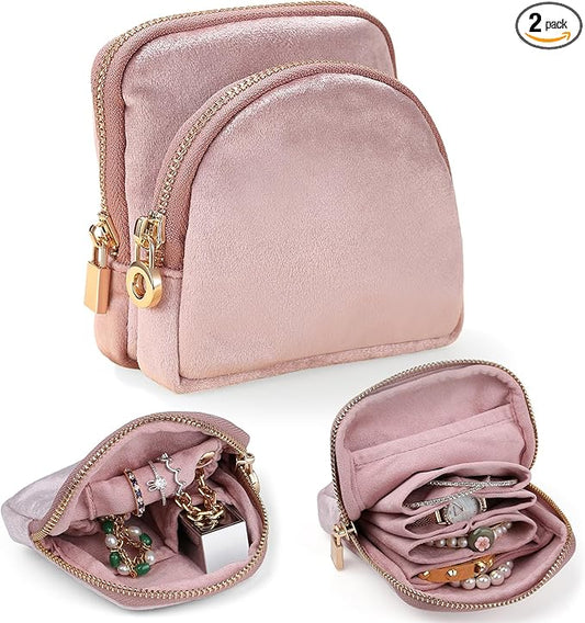 Small Travel Jewelry Case Set 2-in-1 Detachable Velvet Pouches, Portable Jewelry Organizer bag for Rings Earrings Bracelets, Gift Box for Women (Blush Pink)