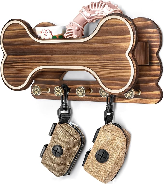 MTERSN Farmhouse Dog Leash Holder for Wall - Dog Stuff Organizer and Doggie Bone Key Holder Wall Mount with 5 Decorative 3D Puppy Paw Hooks & Storage Shelf - Ideal Home Decor (Brown)