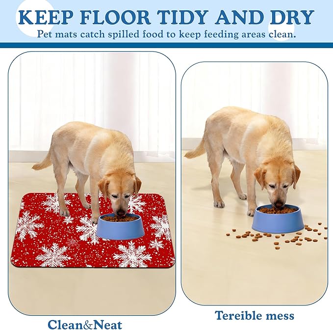 Chirtsmas Snow Flower Pet Food Mat for Cats and Dogs–Absorbent Quick Dry Feeding Placemat, Non Slip Rubber Base, Waterproof Bowl Mat for Indoor Use, Pet Supplies 12"x20"
