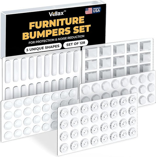 128 Clear Cabinet Bumper Pads – Self-Adhesive Silicone Set with 5 Unique Shapes for Doors, Drawers & Furniture – Premium Sound Dampening Pads for Surface Protection