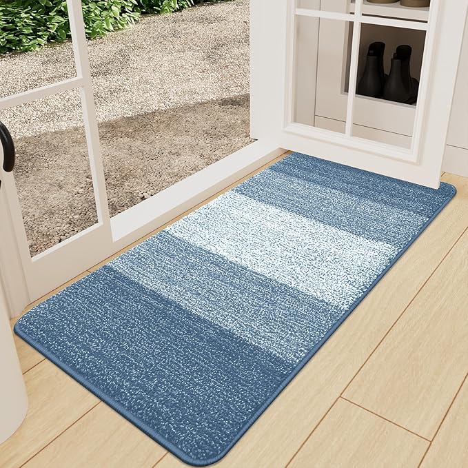 Kitinjoy Indoor Outdoor Door Mat, 47x24 Non-Slip Absorbent Dirt Trapper, Low-Profile Washable Inside Entrance Front Floor Mat, Sturdy Soft Entry Doormats for Entryway, Light Blue