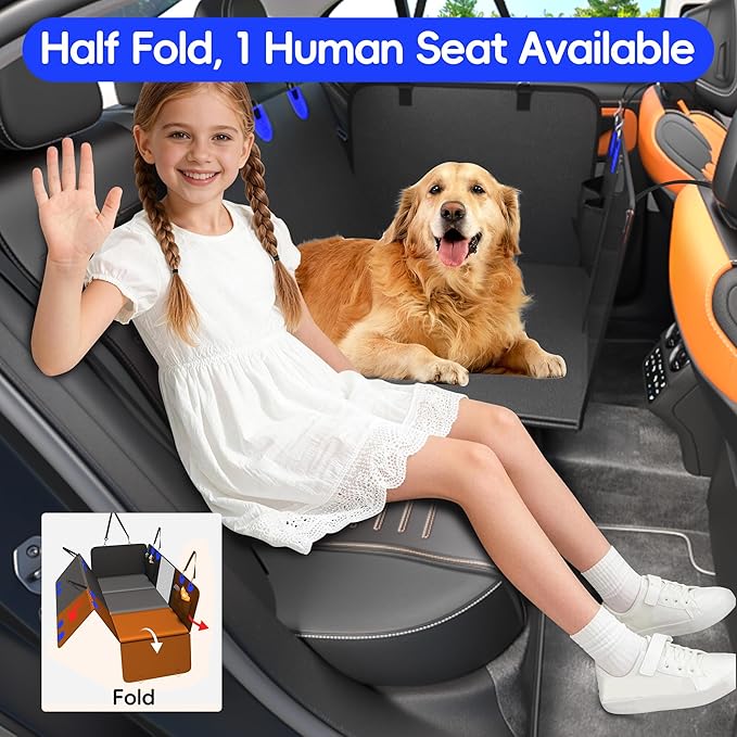 2-In-1 Heavy-Duty Hard Bottom Dog Hammock for Car, 100% Waterproof PU Leather Backseat Cover, Zipper Side Flaps, Non-Slip Extender for Large/Elderly Dogs & Multi-Dog Families,Fits Sedan/SUV/Med.Truck
