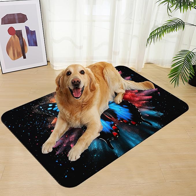 Blue Butterfly on Blooming Pet Feeding Mat–Quick Dry Absorbent Dog Cat Food Mat, Non Slip Waterproof Bowl Placemat for Messy Eaters, Pet Accessories for Floors 16"x24"