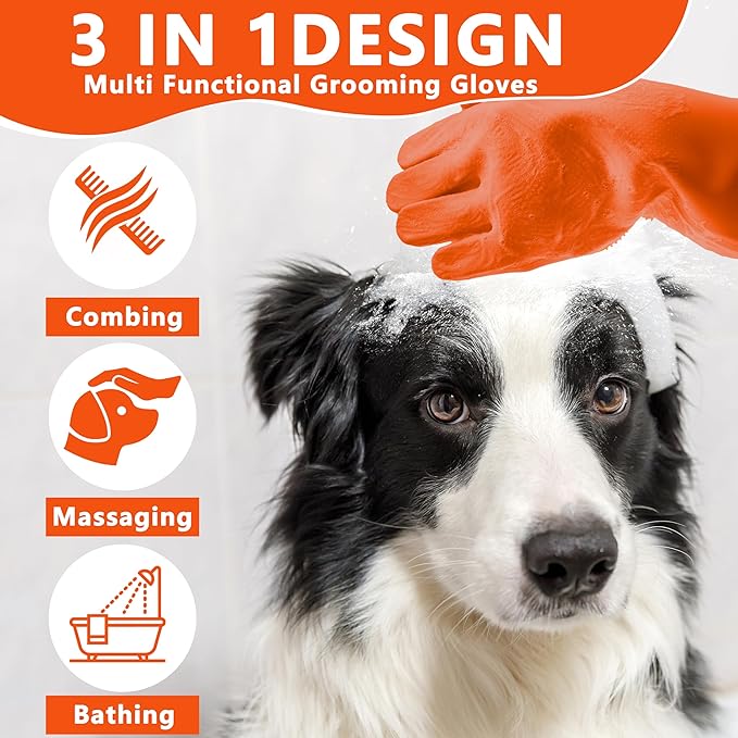 Maiiu Pet Grooming Gloves—Heat Resistant Dog Washing Gloves with High-Density Teeth, Dog Bath Scrubber with Enhanced Five Finger Design, Silicone Gloves for Dogs and Cats Bathing, Massage (Orange)