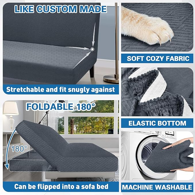 ZNSAYOTX Stretch Fit Futon Cover (67"-82") Armless Futon Sofa Bed Slipcover with Elastic Band, Universal Foldable Sofa Mattress Protector Full Queen Size, Washable Comfort Jacquard (Dark Grey)