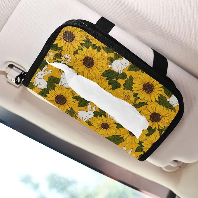 Car Tissue Holder Car Napkin Holder Car Tissue Box Dispenser Storage Case Sun Visor Mask Holder with Adjustable Straps Reusable Refillable Autumn Sunflower and Cute Rabbit