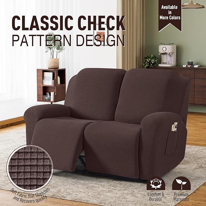 TAOCOCO Recliner Loveseat Slipcover, 6 Pieces Dual Recliner Sofa Covers for 2 Seat Dual Reclining Loveseat Couch, Stretch Soft Jacquard Pattern Furniture Protector with Elasticity (Dark Coffee)