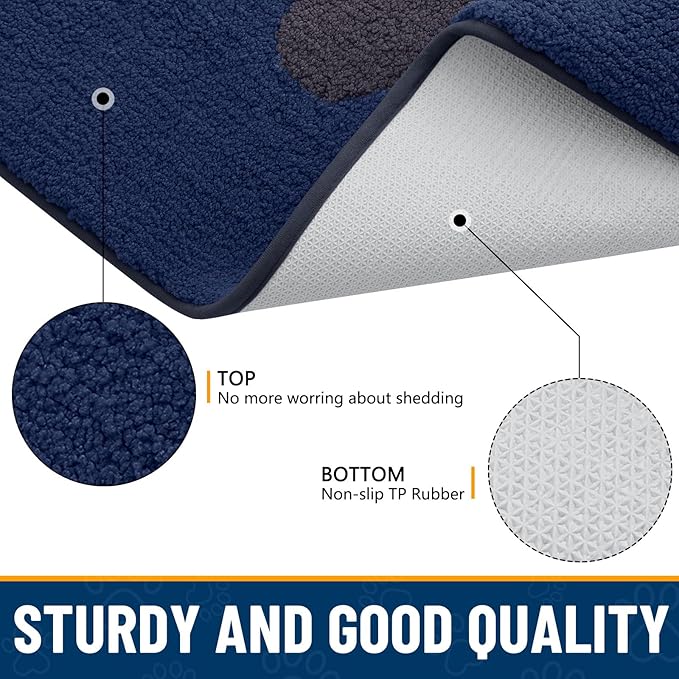 Smiry Dog Door Mat for Muddy Paws, Absorbs Moisture and Dirt, Low-Profile Entryway Mat with Non-Slip Backing, Entry Indoor Outdoor Doormat for Inside Floor (30x20 Inches, Navy Blue, Paw)