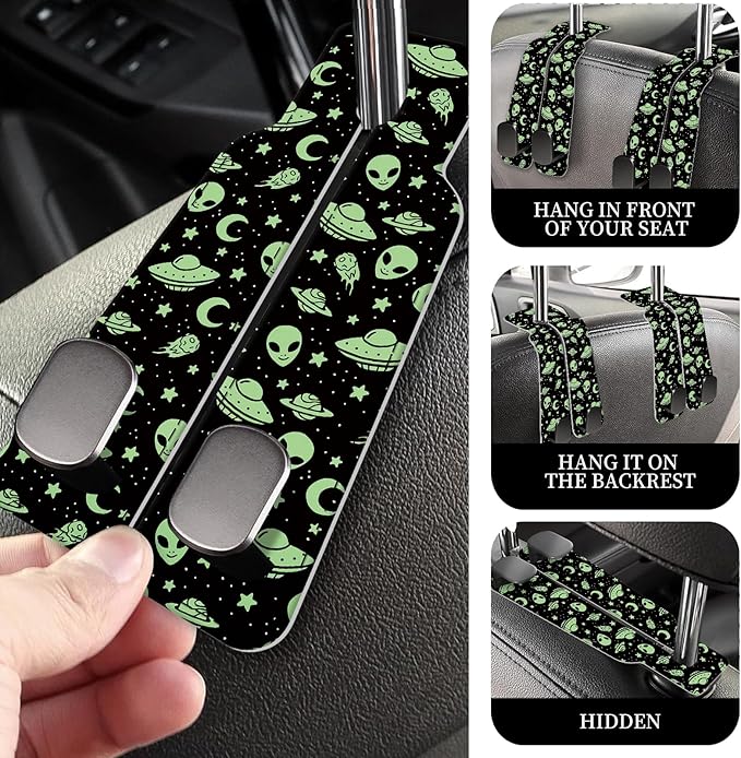 PU Leather Car Seat Hook, Storage Headrest Hanger, Cute Car Backseat Organizer, Car Hooks For Purses and Bags Green Alien Pattern