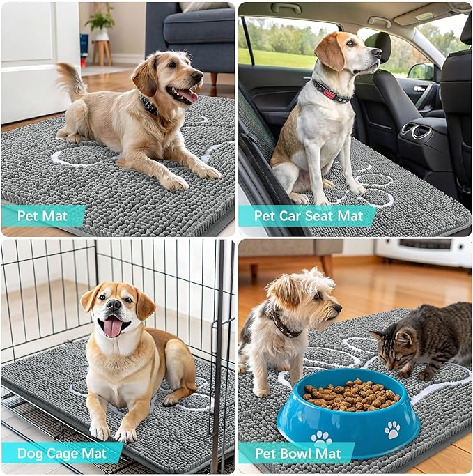 OLANLY Dog Door Mat for Muddy Paws 36x24, Paw Print Design, Absorbs Moisture and Dirt, Absorbent Non-Slip Washable Doormat, Quick Dry Chenille Mud Mat, Entry Indoor Entryway Carpet, Grey and White