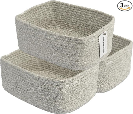 XUANGUO Small Woven Storage Baskets 13“X9”X5“ Decorative Rope Bins for Organizing Shelves, Closets, and Toys, Empty Gift Baskets, Cute Organizer Basket for Home and Office (grey, Large)