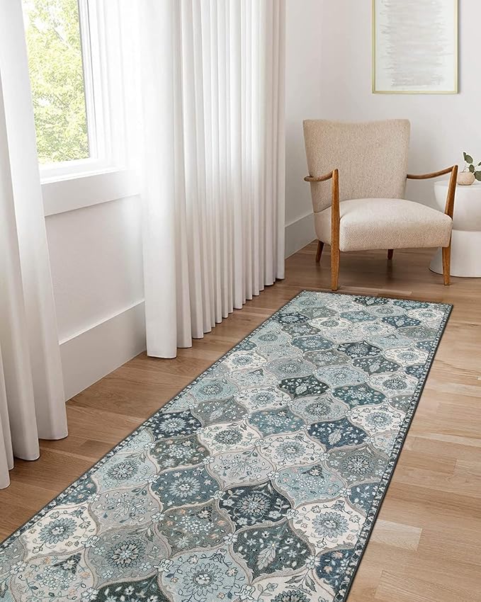Lahome Moroccan Trellis Washable Runner Rug, 2x6 Runners for Hallways 6 Feet Non Slip Vintage Laundry Room Rug Vintage Ultra-Thin Long Carpet for Kitchen Bedroom Elise, Blue