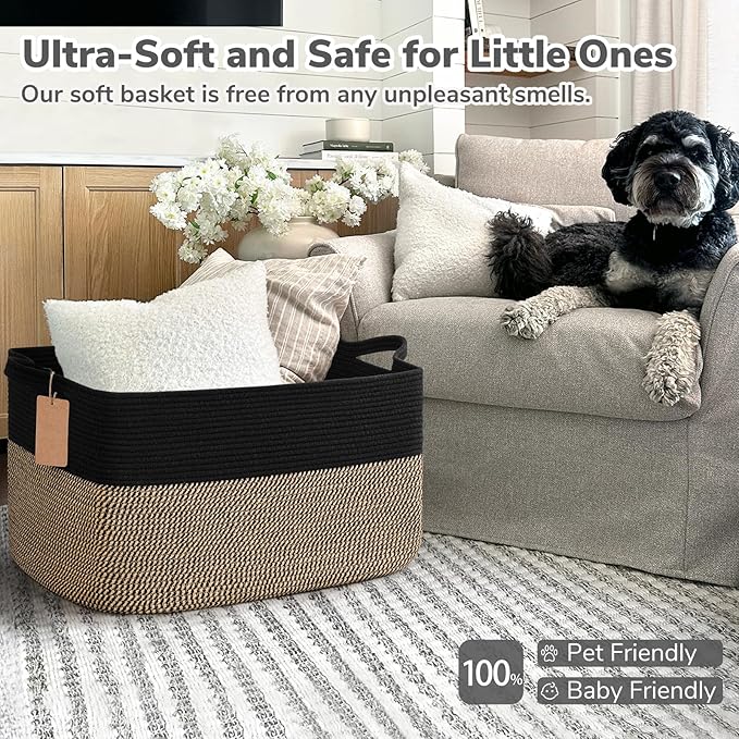 Goodpick Woven Storage Baskets for Organizing 22”x17”x12” Large Blanket Basket for Living Room Bedroom, Rectangle Wicker Storage Basket with Handles, Toy Baskets for Baby Boys, Black & Jute
