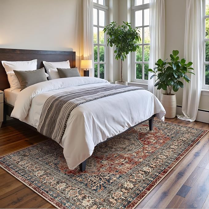Lahome Oriental Washable Rugs for Living Room, 5x7 Area Rugs for Bedroom Ultra-Thin Non-Slip, Stain Resistant Vintage Low-Pile Throw Carpet for ‎Dining Room Office Eleanor, Brick Red