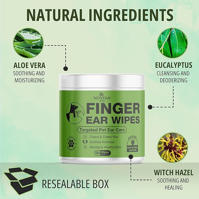 NOVEHA 50PCs Dog Ear Wipes Finger Glove Fit | Easy Ear Cleaning for Dogs & Puppies, Cats & Kittens | Gentle Pet Ear Cleaner Finger Wipes for Puppy, Kitten & More | Cat & Dog Ear Wash | Pet Supplies