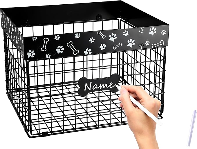 Geyecete Large Dog Toy Organizer - Chew-Proof Wire Folding Basket - Personalizable Dog Toy Box - Caddy - Black