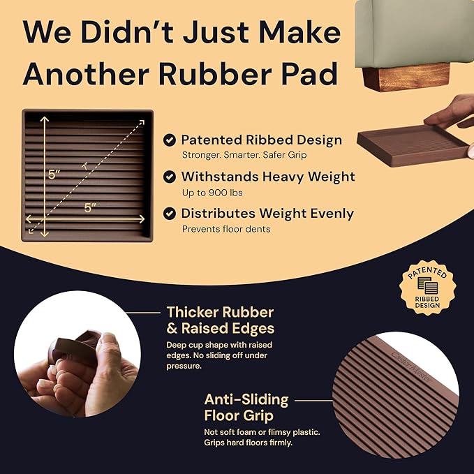 CasterMaster Square Rubber Furniture Pads - 4-Pack, Brown, 5in x 5in - Non Slip Furniture Pads for Hardwood Floors - Floor Protectors for Chairs & Rubber Feet - Stoppers to Prevent Sliding