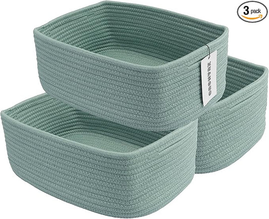 XUANGUO Small Woven Storage Baskets 13“X9”X5“ Decorative Rope Bins for Organizing Shelves, Closets, and Toys, Empty Gift Baskets, Cute Organizer Basket for Home and Office (green, Large)