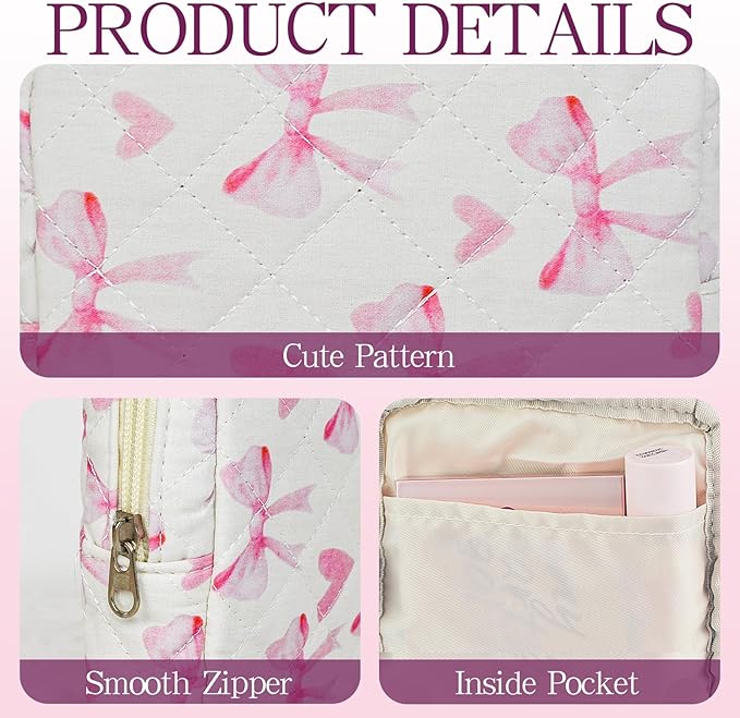 Small Floral Quilted Makeup Bag, Coquette Aesthetic Travel Toiletry Organizer for Women, Lightweight Cotton Cosmetic Pouch