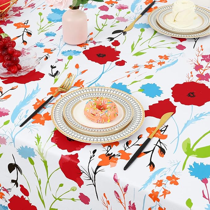 misaya Rectangle Waterproof Vinyl Table Cloth, Wipeable Tablecloth with Flannel Backing, Plastic Table Cover for Dinner, Picnic, Indoor and Outdoor (Flowers, 60" x 102")