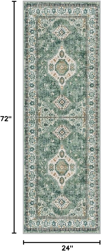 Lahome Oriental Washable Hallway Runner Rug, 2x6 Runners for Hallways Non Slip Ultra-Thin, Vintage Soft Long Carpet for Kitchen Bathroom Bedroom Laundry Room Eleanor, Green/Multi