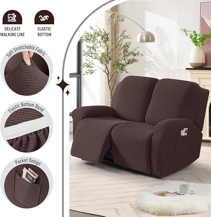 TAOCOCO Recliner Loveseat Slipcover, 6 Pieces Dual Recliner Sofa Covers for 2 Seat Dual Reclining Loveseat Couch, Stretch Soft Jacquard Pattern Furniture Protector with Elasticity (2XL, Dark Coffee)