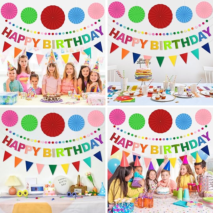 Pre-Strung 3D Felt Happy Birthday Banner, Reusable Rainbow Birthday Party Decorations for Kids Adults, Happy birthday Sign with Felt Ball Garland, Pennant Flag, Hanging Paper Fans