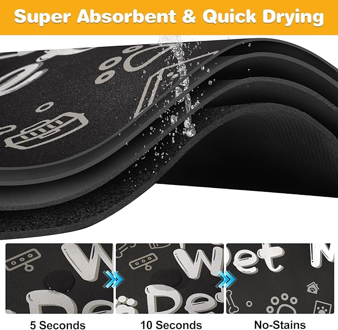 Pet Feeding Mat,Dog Cat Mat for Food and Water,Dog Bowl Waterproof Placemat with Rubber Backing,Absorbent Quick Dry Water Dispenser Mat for Pet（Black 17"×29"）