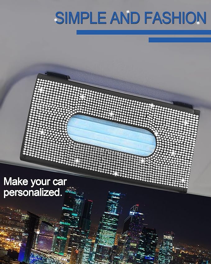 Bling Car Sun Visor Tissue Box Holder,PU Leather with Bling Crystal Rhinestones Tissue Holder,Car Accessories for Women (Black)