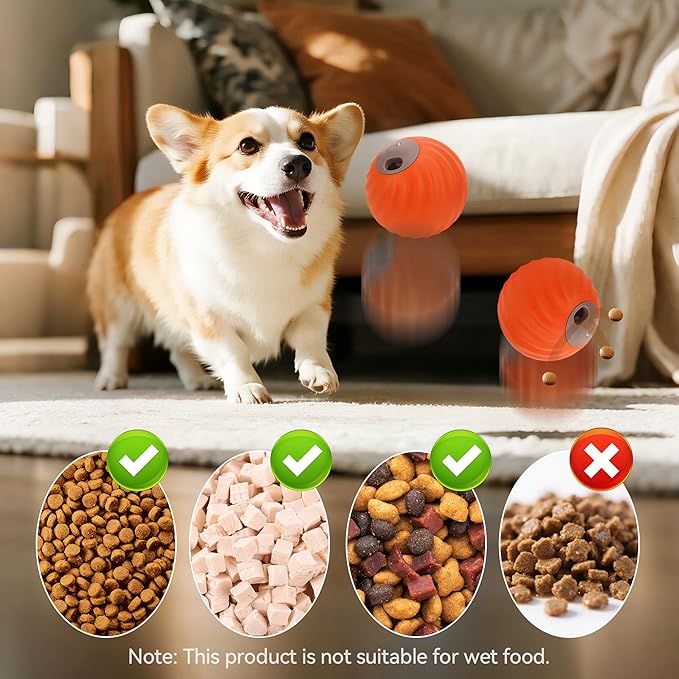 QKOQKO Interactive Dog Ball, USB Rechargeable Automatic Moving Dog Toy with Treat Dispenser, 2.87-Inch Washable TPU Puzzle Ball for Small & Medium Dogs, Exercise & Mental Stimulation (Orange)