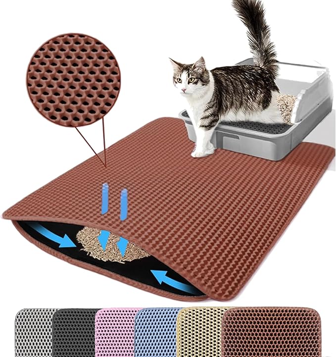 Petinstinct Cat Litter Mat, 24x18 Inches Large Double Layer Honeycomb Cat Litter Trapping Mat, Non Slip Waterproof Urine Proof Cat Litter Box Mat for Floor, Kitty Litter Rug, Cat Supplies, Brown