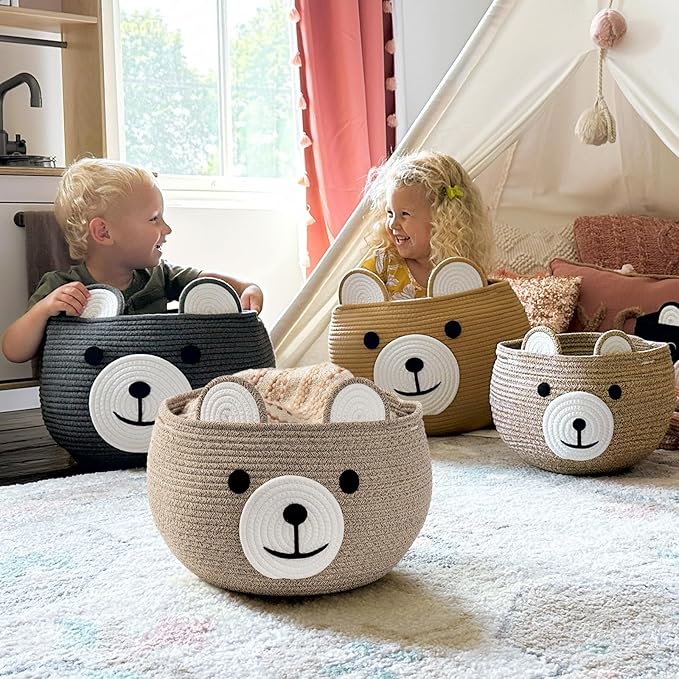 CherryNow Baby Basket for Nursery, Bear Gift Baskets for Kids, Baby Shower Basket with Handles, Small Cute Animal Baskets, Light Brown, 15.7" D x 10.5" H