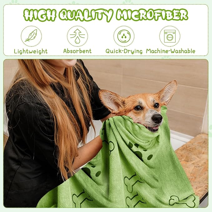 Tatuo 22 Pcs Dog Towels for Drying 20 x 40 Inch Pet Bath Towels Absorbent Microfiber Towel Quick Drying Puppy Bathing Supplies for Small Medium Large Dog Puppy Cat(Green,Bone Pattern)