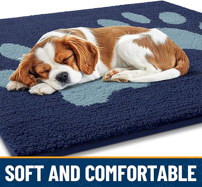 Smiry Dog Door Mat for Muddy Paws, Absorbs Moisture and Dirt, Low-Profile Entryway Mat with Non-Slip Backing, Entry Indoor Outdoor Doormat for Inside Floor (48x30 Inches, Dark Blue, Paw)