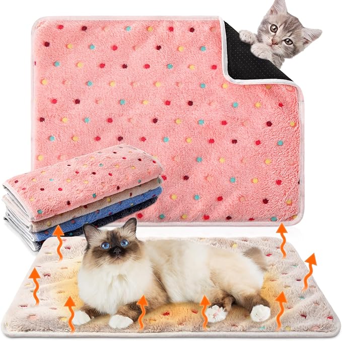 Clysee 4 Pack Self Heating Cat Bed Cat Self Warming Pad with Removable Cover Extra Warm Thermal Pet Pad Washable Pet Crate Mat Anti Slip Kennel for Indoor Outdoor Pets(Dot,16 x 20 Inches)