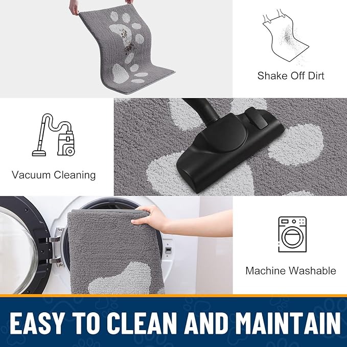 Smiry Dog Door Mat for Muddy Paws, Absorbs Moisture and Dirt, Low-Profile Entryway Mat with Non-Slip Backing, Entry Indoor Outdoor Doormat for Inside Floor (47x24 Inches, Light Grey, Paw)