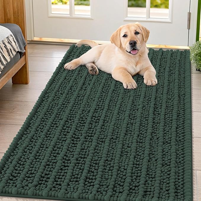 Smiry Dog Door Mat for Muddy Paws 47x32, Extra Soft Absorbent Chenille Doormat, Trap Moisture and Dirt, Non-Slip Machine Washable Front Door Mat for Indoor Entrance Inside Floor, Green