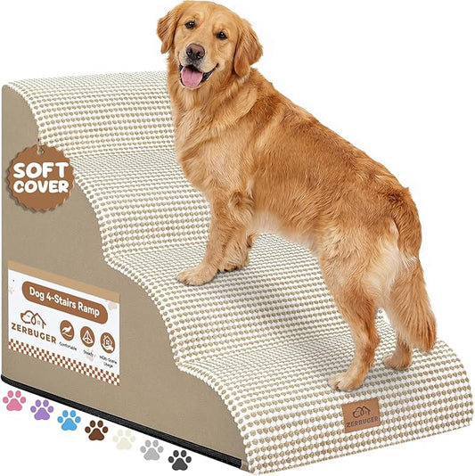 Zerbuger Dog Ramp and Stair for Bed 16" H-20 H,3-Step Cat Stair for Sofa and Chair,4-Step Dog Ramp for High Bed and Window,Durable Nonslip Fabric Cover for Indoor (Beige-20 H, Pet Friendly, 4)