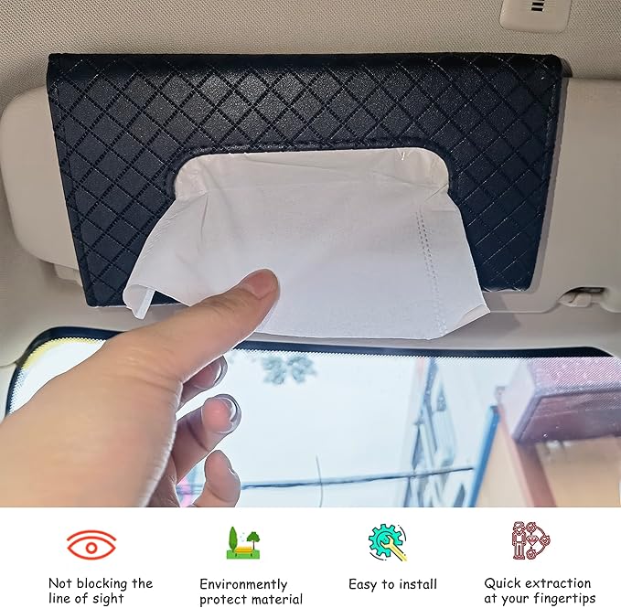 Car Sun Visor Tissue Holder, 2 Pack Vehicle Napkin Box, Premium PU Leather, Car Mask Holder for Sun Visor Vehicle, with Tissue Refill, Black