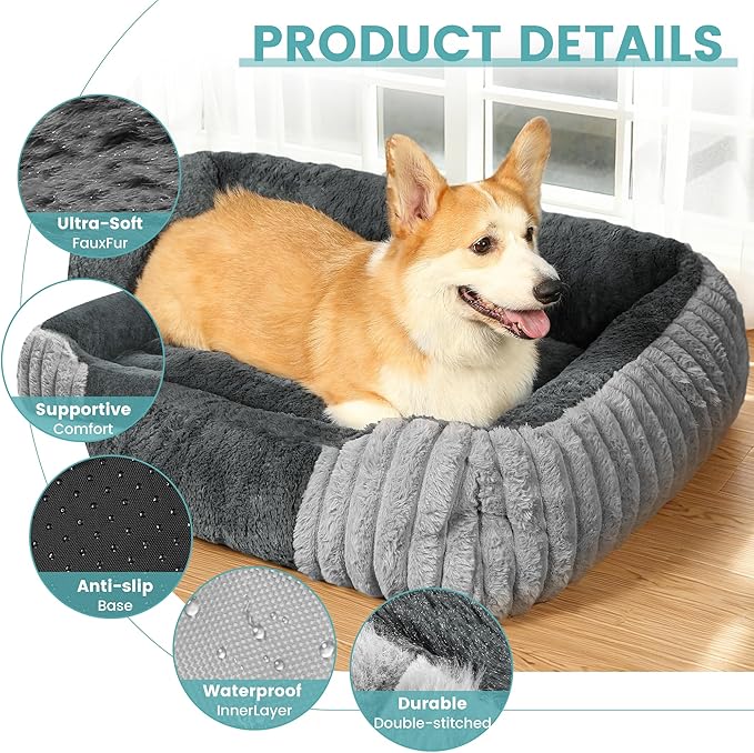 Dog Beds for Large Sized Dogs 35x28 Inch, Comfort-Sided Orthopedic Dog Bed Couch with Breathable Shredded Memory Foam, Faux Rabbit Fur Pet Bed, Non-Detachable, Non-Slip, Machine Washable