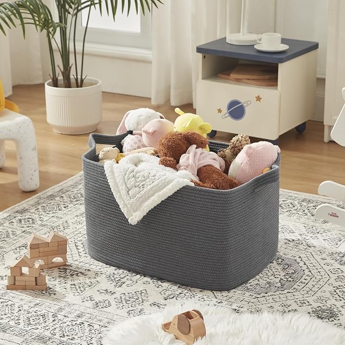 95L Large Blanket Basket, Blanket Storage Living Room, Rectangle Woven Baskets for Storage Toys, Towels, Dirty Clothes Organizer Bins (Dark Grey)