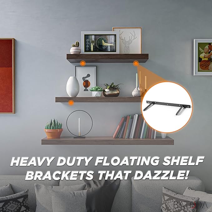 BATODA - 16" Heavy Duty Floating Shelf Bracket (2 pcs)–Solid Steel Blind Shelf Supports - Hidden Brackets for Floating Wood Shelves - Blind Shelf Support - Shelving Mounting Hardware Included (Pack 2)