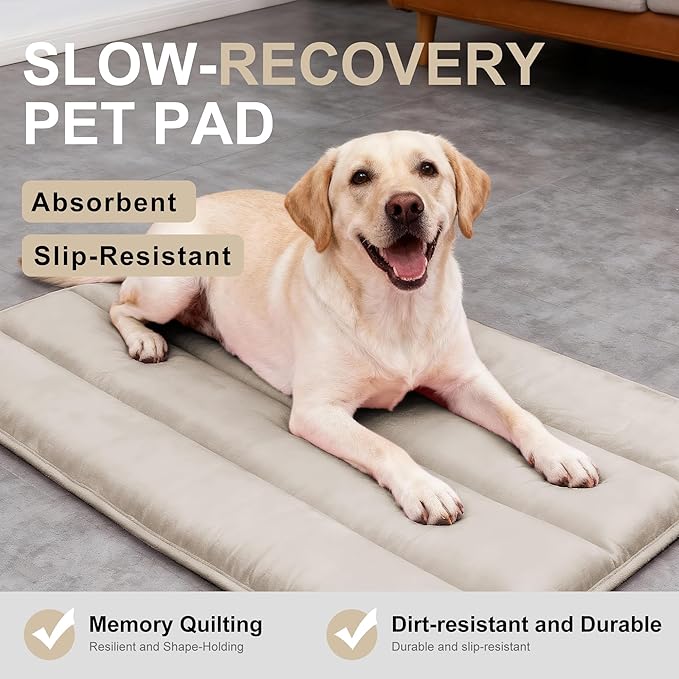 Dog Bed Mat, Reversible Dog Crate Pad with Washable Kennel Mat and Soft Foam, Flat Pet Bed for Dogs & Cats, for Crates Carriers & Travel (Light Brown, 34" L*20" W*1.5" Th)