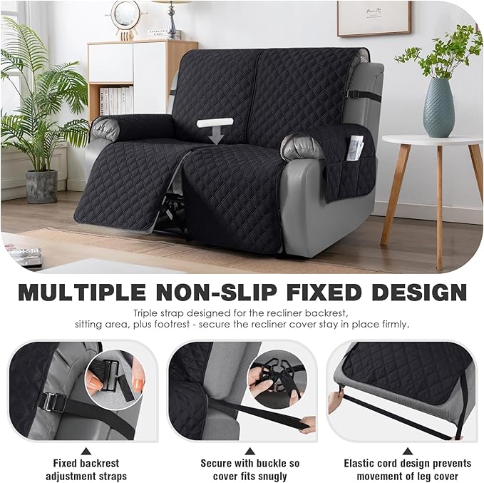 TAOCOCO 100% Waterproof Recliner Couch Covers, Recliner Sofa Covers with Leg Straps, 1-Piece Washable Reclining Sofa Cover with Pocket Couch Protector for Pets Kids(2 Seater, Black)