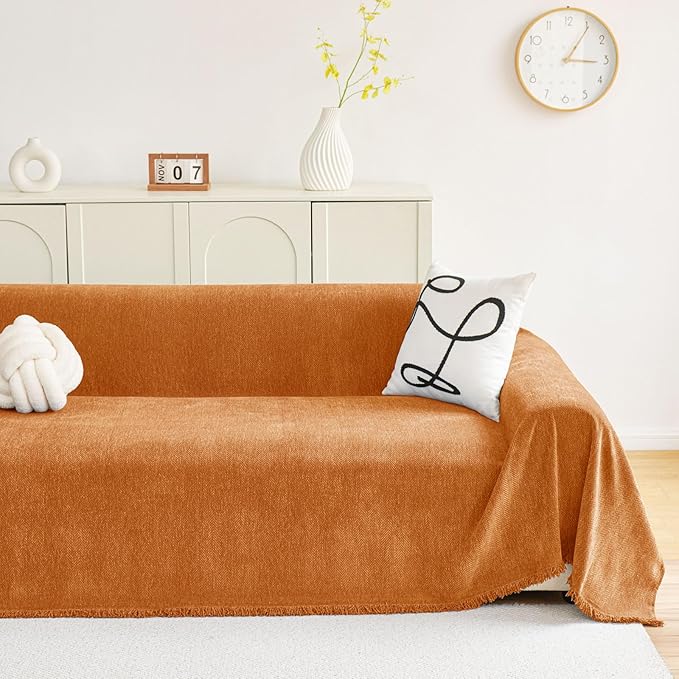 hyha Couch Cover for Dogs, Boho Sofa Covers for 3 Cushion Couch Washable, Chenille Sofa Slipcover for Pets, Soft Loveseat Sectional Couch Throw Blankets with Tassels (Orange, 71x91 Inch)